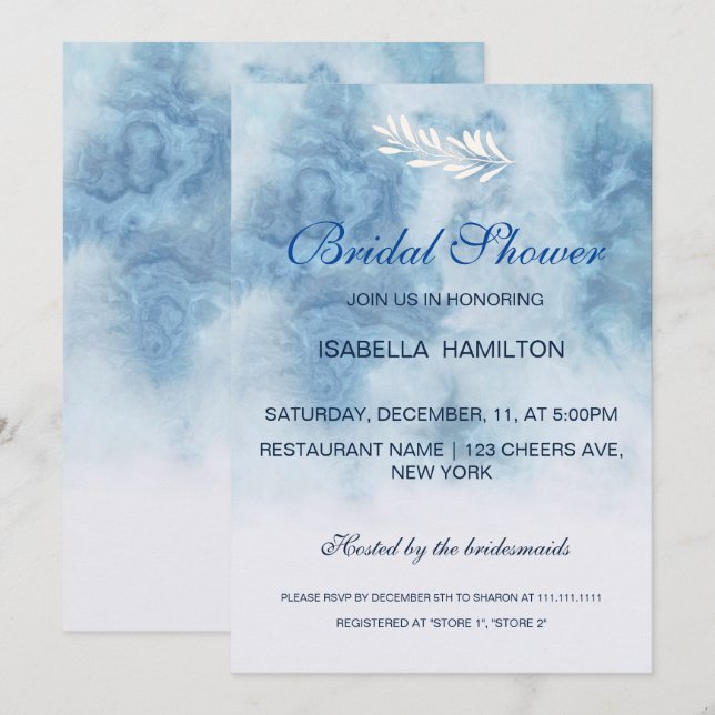 Dusty Blue Winter Script Calligraphy Bridal Shower Invitation (Front/Back)