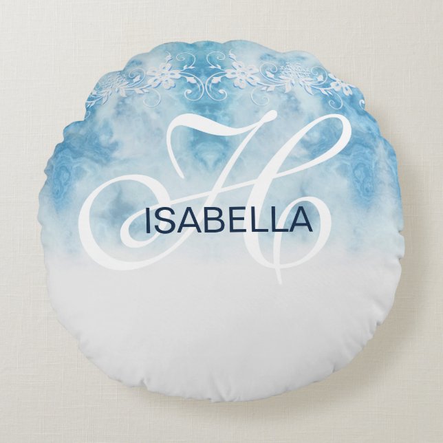 Dusty Blue Winter Script Calligraphy Monogram Round Cushion (Front)