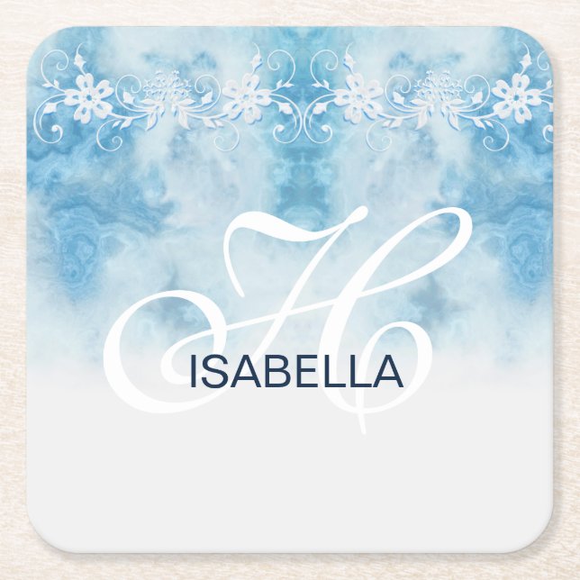 Dusty Blue Winter Script Calligraphy Monogram Square Paper Coaster (Front)