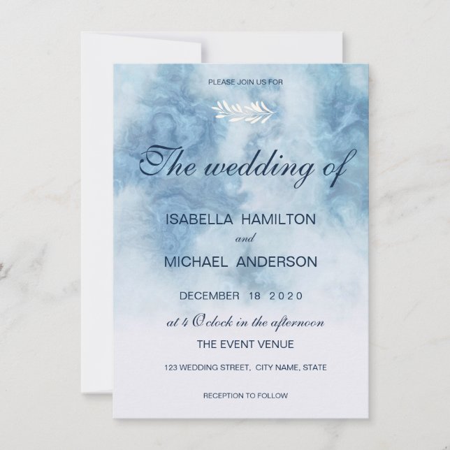 Dusty Blue Winter Script Calligraphy White Branch Invitation (Front)