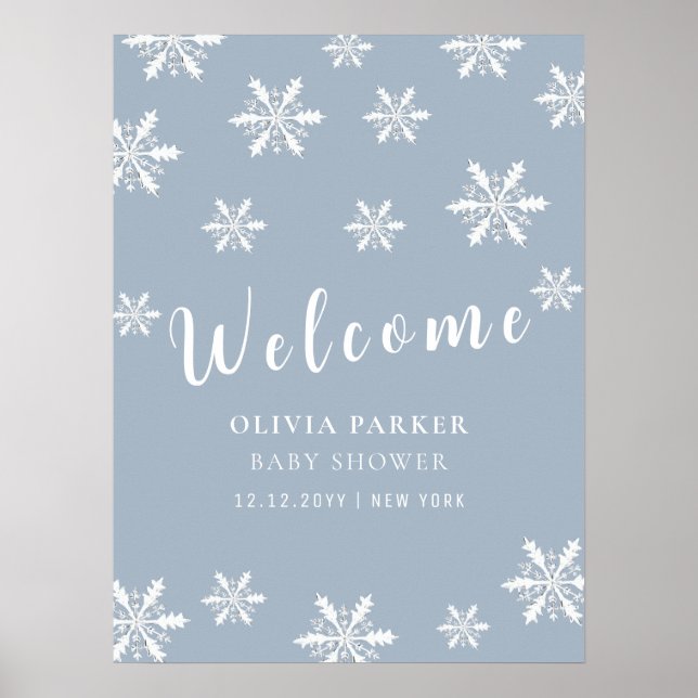 Dusty Blue Winter Snow Baby Shower Welcome poster (Front)
