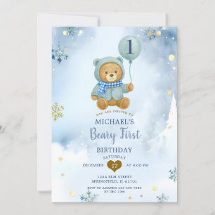 Dusty Blue Winter Snowflake Beary First Birthday  Invitation