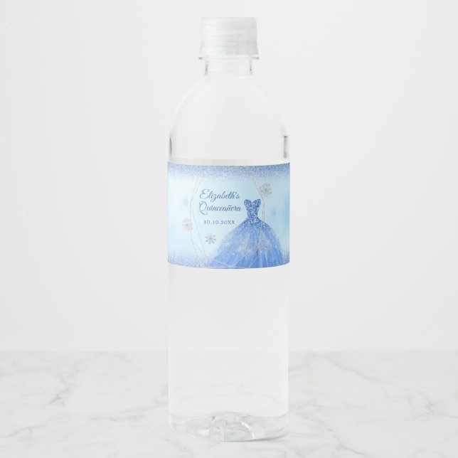 Dusty Blue Winter Snowflake Quinceañera Water Bottle Label (Front)