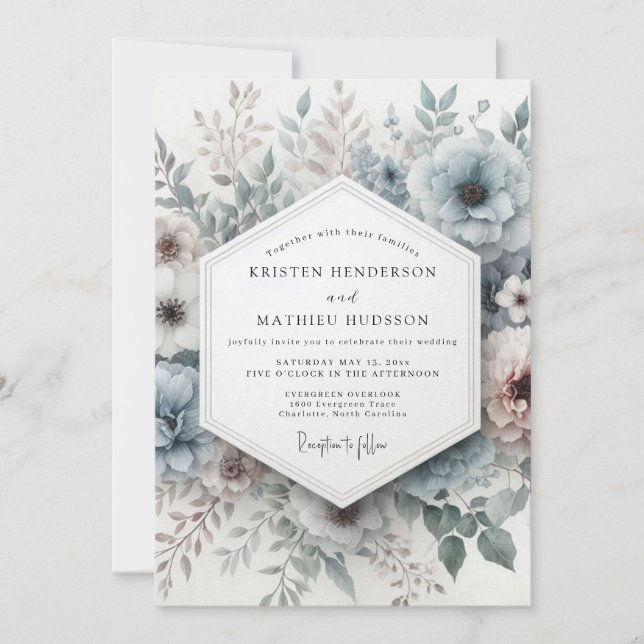 Dusty Blue Wintry Bloom Wedding Invitation (Front)