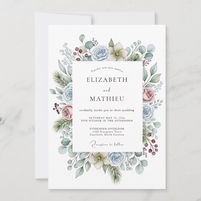 Dusty Blue Wintry Wedding Invitation (Front)