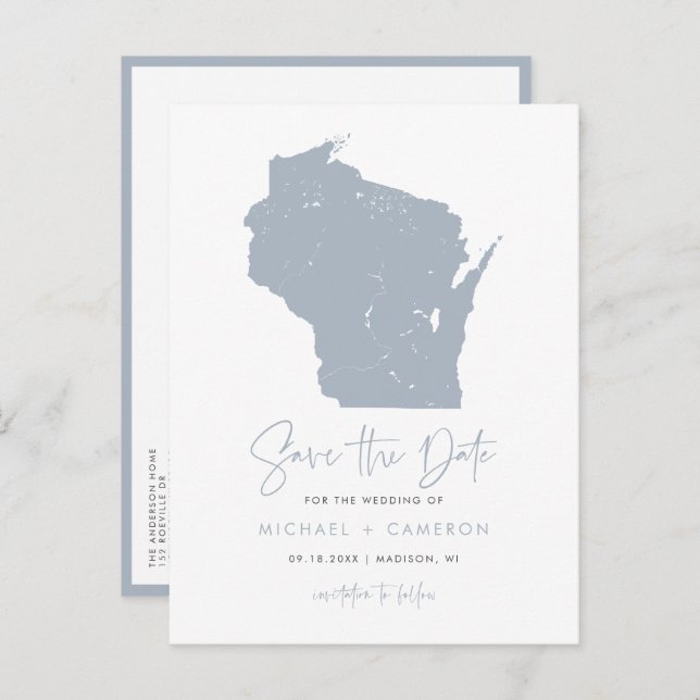Dusty Blue Wisconsin Map QR Code Save the Date Announcement Postcard (Front/Back)