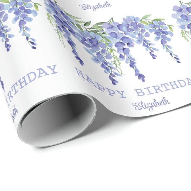 Dusty Blue Wisteria Floral Happy Birthday  Wrapping Paper (Roll Corner)