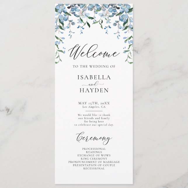 Dusty Blue Wisteria Flowers Spring Floral Wedding Programme (Front)