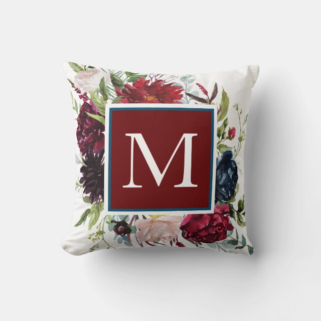 Dusty Blue with Burgundy Wine Floral Monogram Cushion (Front)