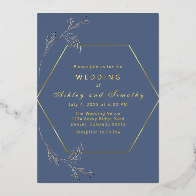 Dusty Blue with Gold Foil Wedding Invitation (Front)