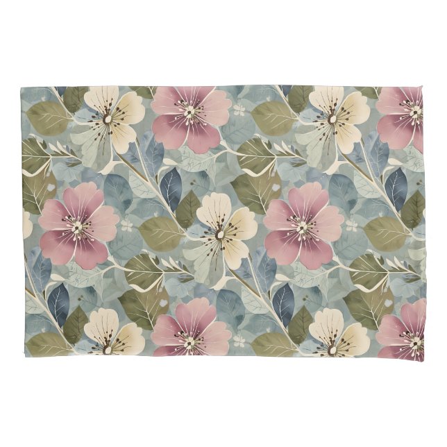 Dusty Blue with Mauve and White Flowers Pillowcase (Front)