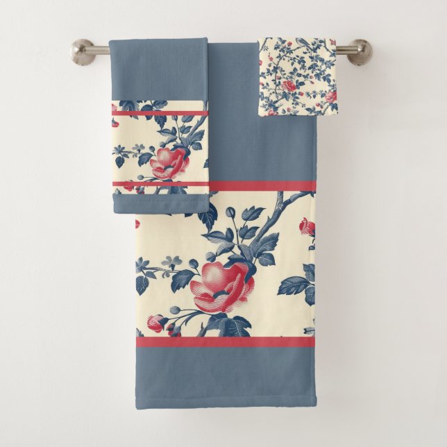 Dusty Blue With Red and Blue Toile de Jouy Trim Bath Towel Set (Insitu)