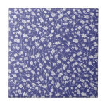 Dusty Blue with White Flowers Print Tile<br><div class="desc">Tiny white seamless floral print on dark dusty blue ceramic decorative tile.</div>