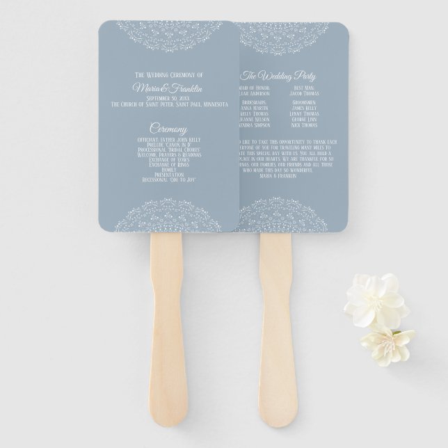 Dusty Blue with white mandala Wedding Program Fan (Front and Back)