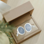 Dusty Blue with White Stylised Monogram Cufflinks<br><div class="desc">A pair of sterling silver plated, round cufflinks for the fashionable man to match his outfit that feature a trendy, dusty blue colour along with his name printed in white, upper case letters and superimposed with white, stylised initials. Personalise your cufflinks by editing and replacing name and initials as desired....</div>