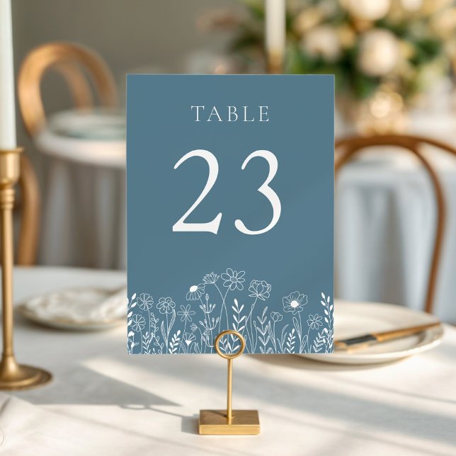 Dusty Blue with White Wildflower Wedding Table Number (Dusty Blue With White Wildflower Drawings Wedding Table Number)
