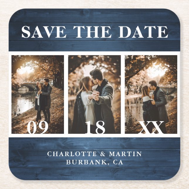 Dusty Blue Wood Wedding Photo Save The Date Square Paper Coaster (Front)