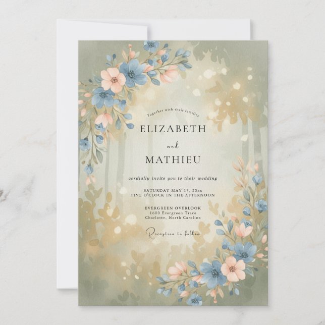 Dusty Blue Woodland Bloom Wedding Invitation (Front)