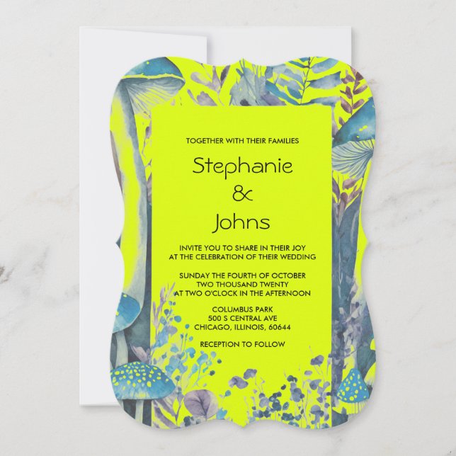 Dusty Blue Woodland Mushroom Yellow Green Wedding Invitation (Front)
