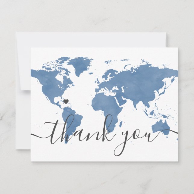 Dusty Blue World Map and Beach Wedding Photo Thank You Card (Front)