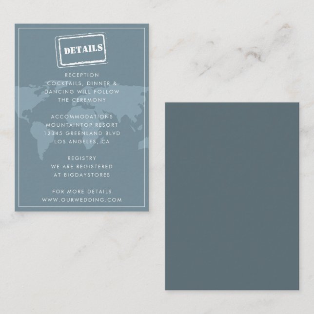 Dusty Blue World Map Destination Wedding Details Enclosure Card (Front/Back)