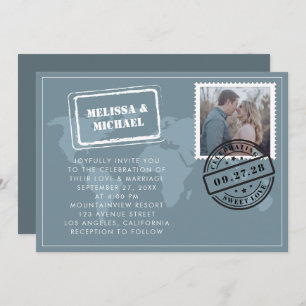 Dusty Blue World Map Destination Wedding Photo Invitation