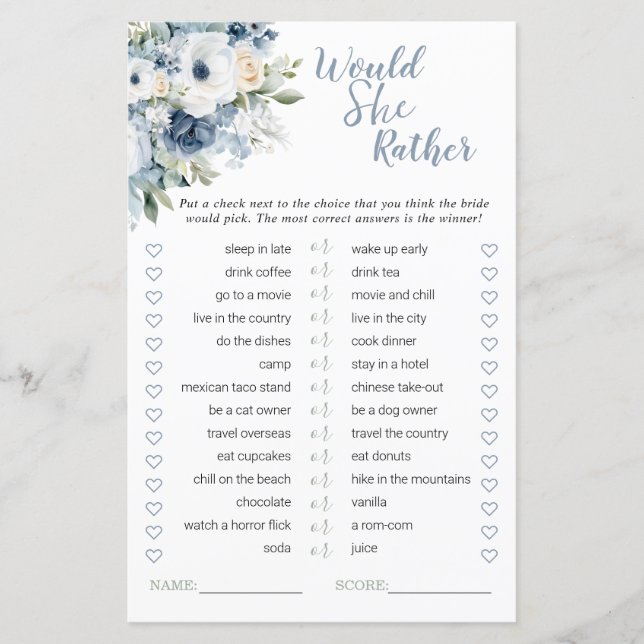 Dusty Blue Would She Rather Bridal Shower Game (Front)