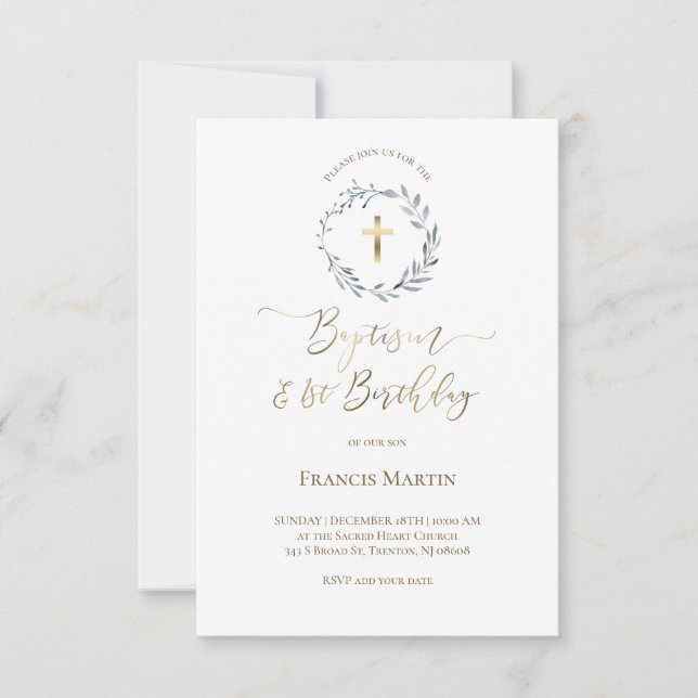 dusty blue wreath | Baptism and 1st Birthday Invitation (Front)