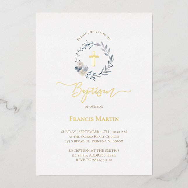 dusty blue wreath  Baptism Foil Invitation (Front)