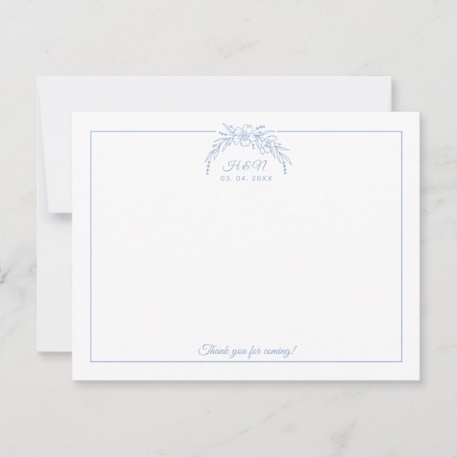 Dusty Blue Wreath Couple Initial Border Stationery Card (Front)