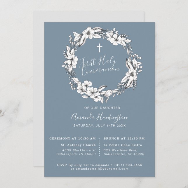 Dusty Blue Wreath First Holly Communion Invitation (Front/Back)