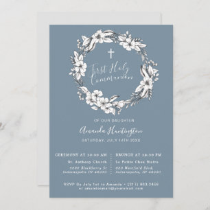 Dusty Blue Wreath First Holly Communion Invitation