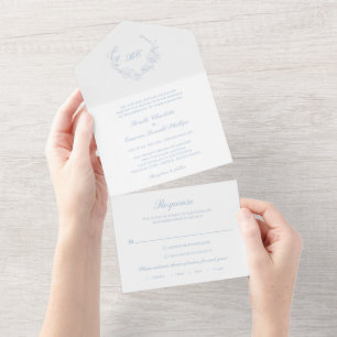 Dusty Blue Wreath Monogram Elegant Wedding All In One Invitation