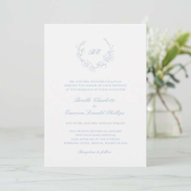 Dusty Blue Wreath Monogram Elegant Wedding Invitation (Standing Front)