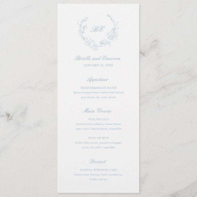Dusty Blue Wreath Monogram Elegant Wedding Menu (Front)
