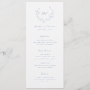 Dusty Blue Wreath Monogram Elegant Wedding Menu
