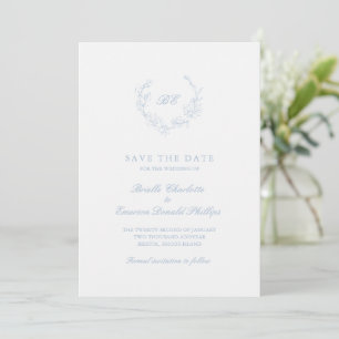 Dusty Blue Wreath Monogram Elegant Wedding Save The Date