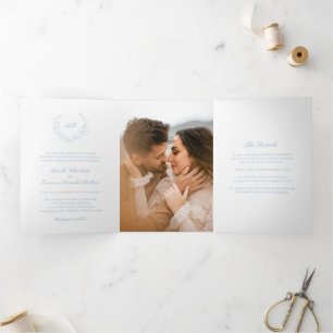 Dusty Blue Wreath Monogram Elegant Wedding Tri-Fold Invitation