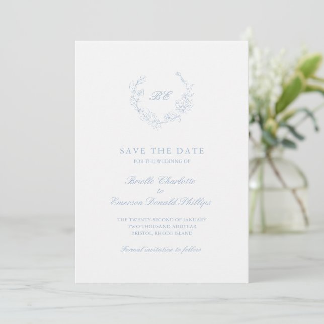 Dusty Blue Wreath Monogram Photo Elegant Wedding Save The Date (Standing Front)