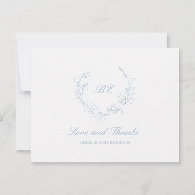 Dusty Blue Wreath Monogram Photo Elegant Wedding Thank You Card (Front)