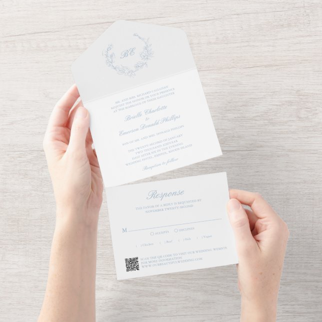 Dusty Blue Wreath Monogram QR Code Elegant Wedding All In One Invitation (Tearaway)