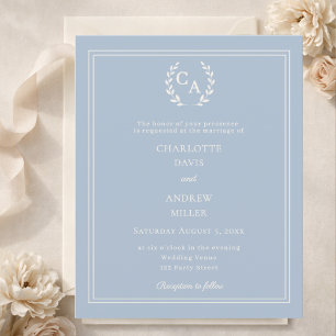 Dusty blue wreath monogram wedding invitation