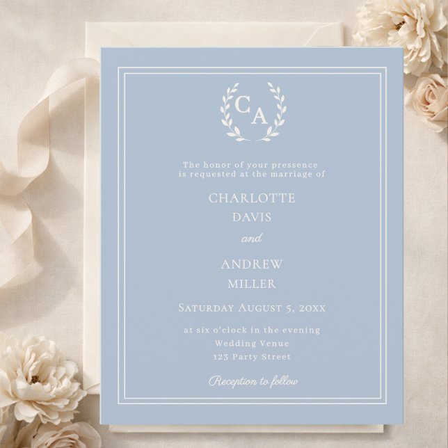 Dusty blue wreath monogram wedding invitation (Creator Uploaded)