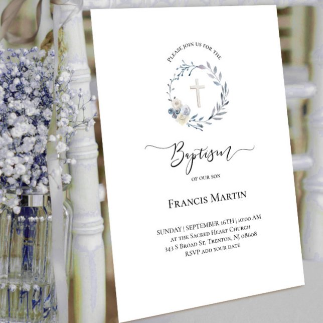 dusty blue wreath watercolor Baptism Invitation (Creator Uploaded)