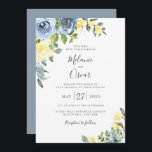 Dusty Blue & Yellow Botanical Floral Wedding Invitation<br><div class="desc">Watercolor garden flowers in chic and trendy dusty blue and yellow with soft green botanical branches,  wedding invitation. Back of card features solid coordinating dusty blue colour. Customise text,  font style,  colour and size.</div>