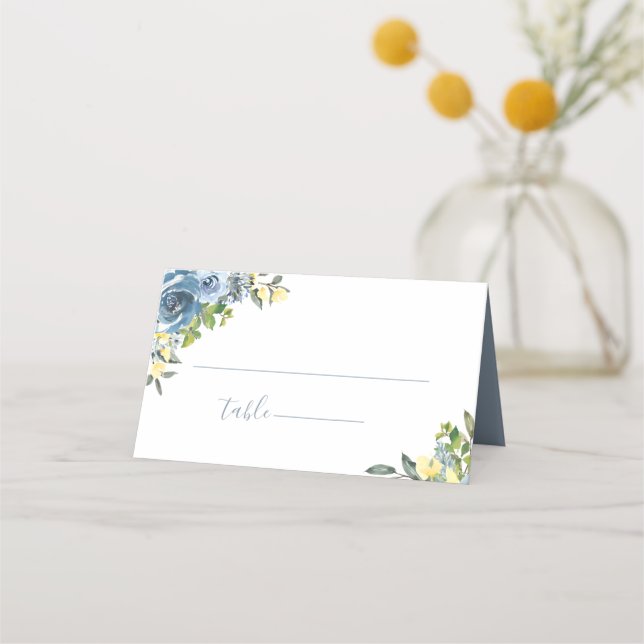 Dusty Blue Yellow Botanical Wedding Place Card (Front)