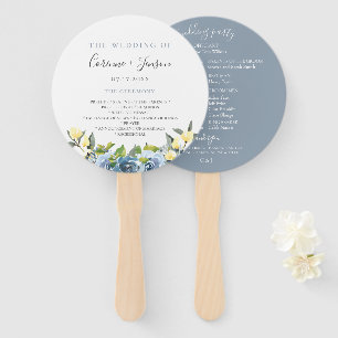 Dusty Blue Yellow Botanical Wedding Program Hand Fan