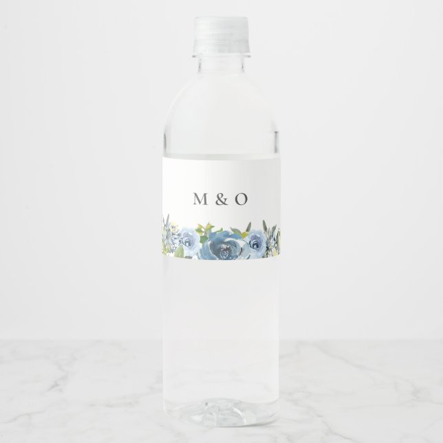 Dusty Blue Yellow Botanical Wedding Water Bottle Label (Front)