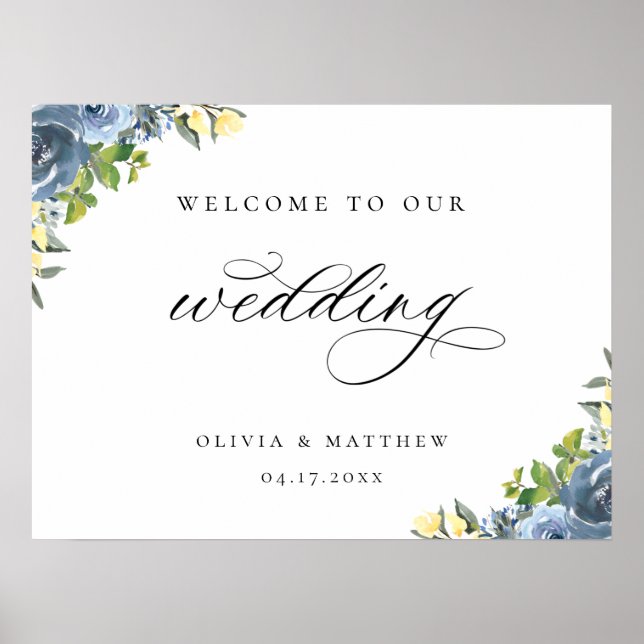 Dusty Blue Yellow Botanical Wedding Welcome Poster (Front)