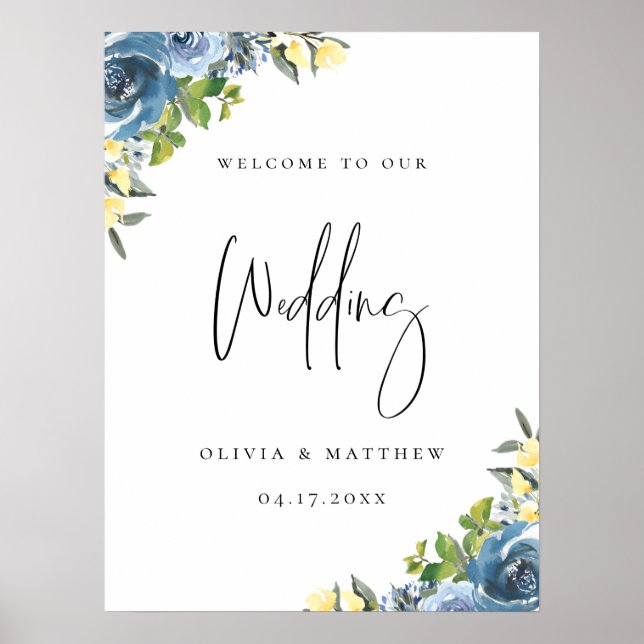 Dusty Blue Yellow Botanical Wedding Welcome Poster (Front)